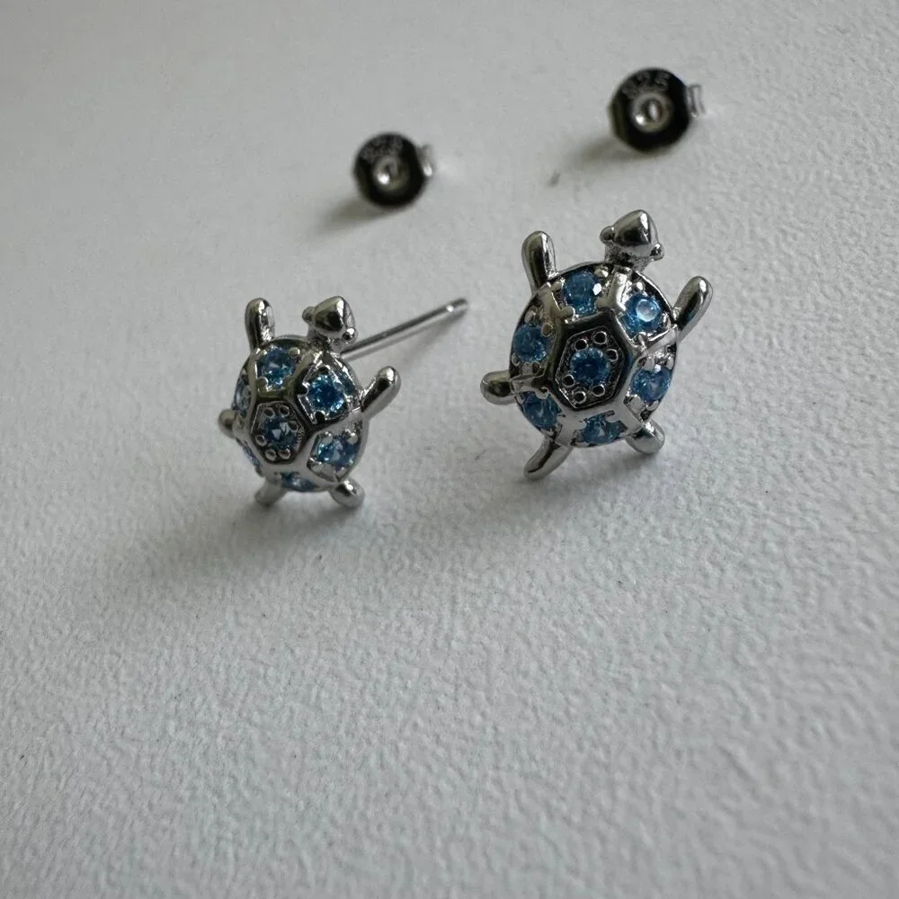 Sterling Silver 925 Turtle Earrings with Blue Crystals – Ocean Inspired Studs - Picture 6 of 6
